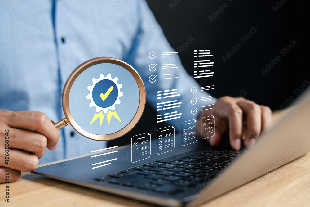 Aufkleber Quality control and document checklist concept with digital verification, task assignment, audit tracking, and compliance management for efficient and reliable business operations.