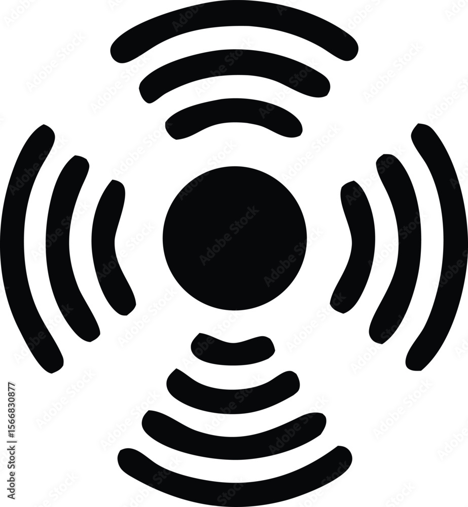 Poster abstract black and white symbol representing sound waves or wireless signals emanating from a centra
