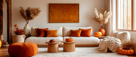 Stylish living space designed in minimalist modern style, decorated for autumn with pumpkins