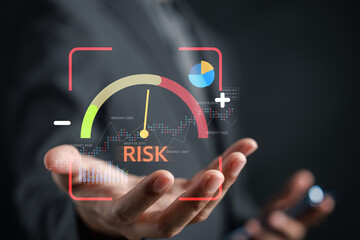 Risk management concept in investing risk level indicator, financial data charts, and analytics...