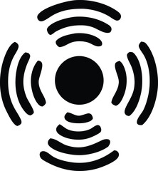 Abstract black and white symbol representing sound waves or wireless signals emanating from a central circle