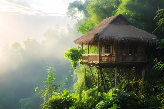 Traditional Bidayuh Bamboo House on Stilts Surrounded by Tropical Forest