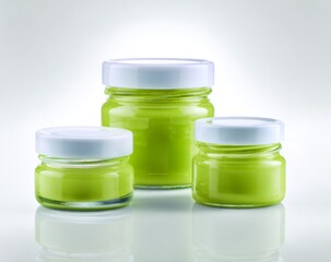 Natural skincare and wellness concept shown with a trio of cosmetic jars filled with green cream, ready for branding.
