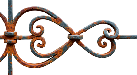 Detailed view of a rusty, ornate metal gate against a black backdrop.