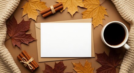 Autumnal Cozy Scene Blank Card Mockup with Coffee and Fall Leaves