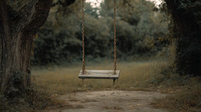 Empty swing hanging from a tree branch in a serene outdoor setting