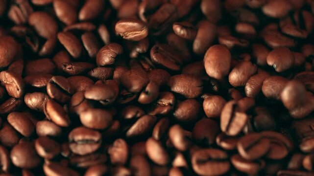 Grains de caf&eacute; tombant doucement sur d&rsquo;autres grains au ralenti, ambiance chaleureuse, plan rapproch&eacute;, macro