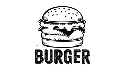 A black and white illustration of a burger with cheese and lettuce and the word burger below it