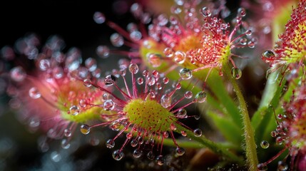 Close-up of carnivorous plant with dew drops