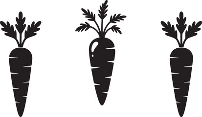Three black silhouette carrots with green tops on white background