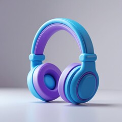 A vibrant pair of blue and purple over-ear headphones resting on a clean surface with a soft gradient background.