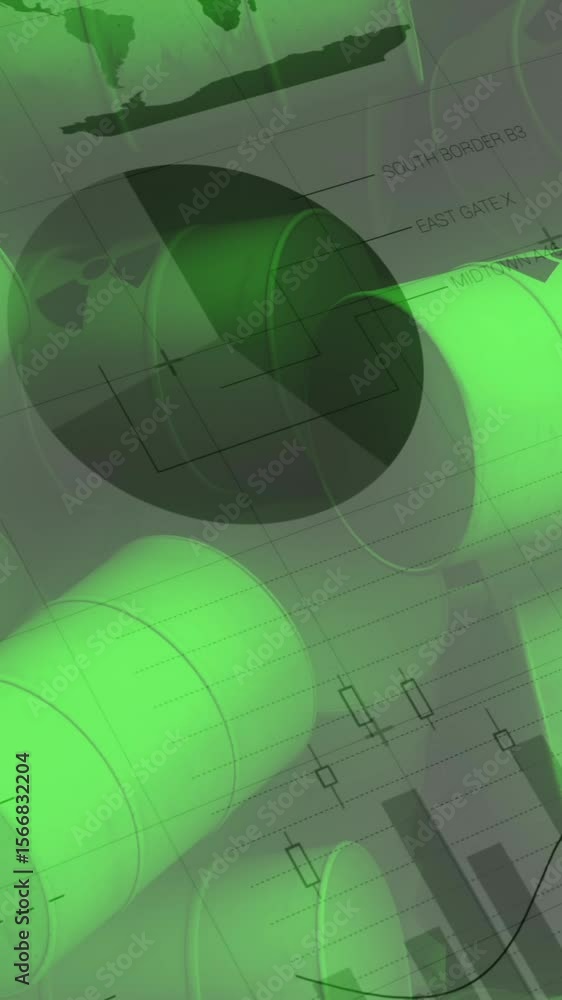 Poster animation of financial data processing over barrels with radioactive symbol