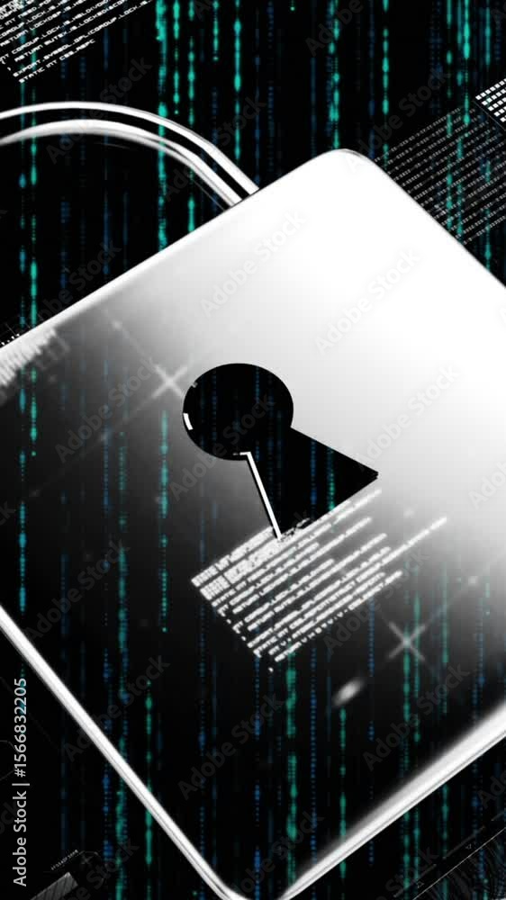 Poster animation of data processing and padlock over black background