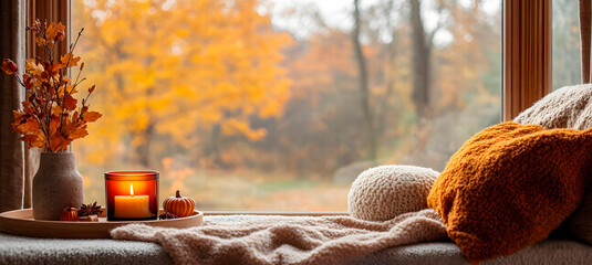 Close-up horizontal shot of minimalist space with autumn style.Natural light outside.