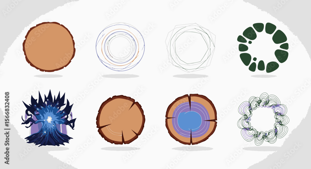 Poster eight stylized circular designs showcasing diverse textures and patterns, progressing from simple sh