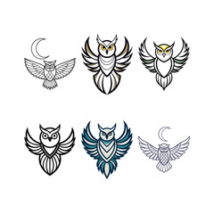 Fototapeta premium Collection of stylized owl logos with wings and moon elements