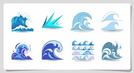 Collection of eight stylized vector illustrations depicting various ocean waves in shades of blue.