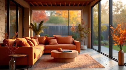 Trendy autumn living room complemented by a serene garden view. 