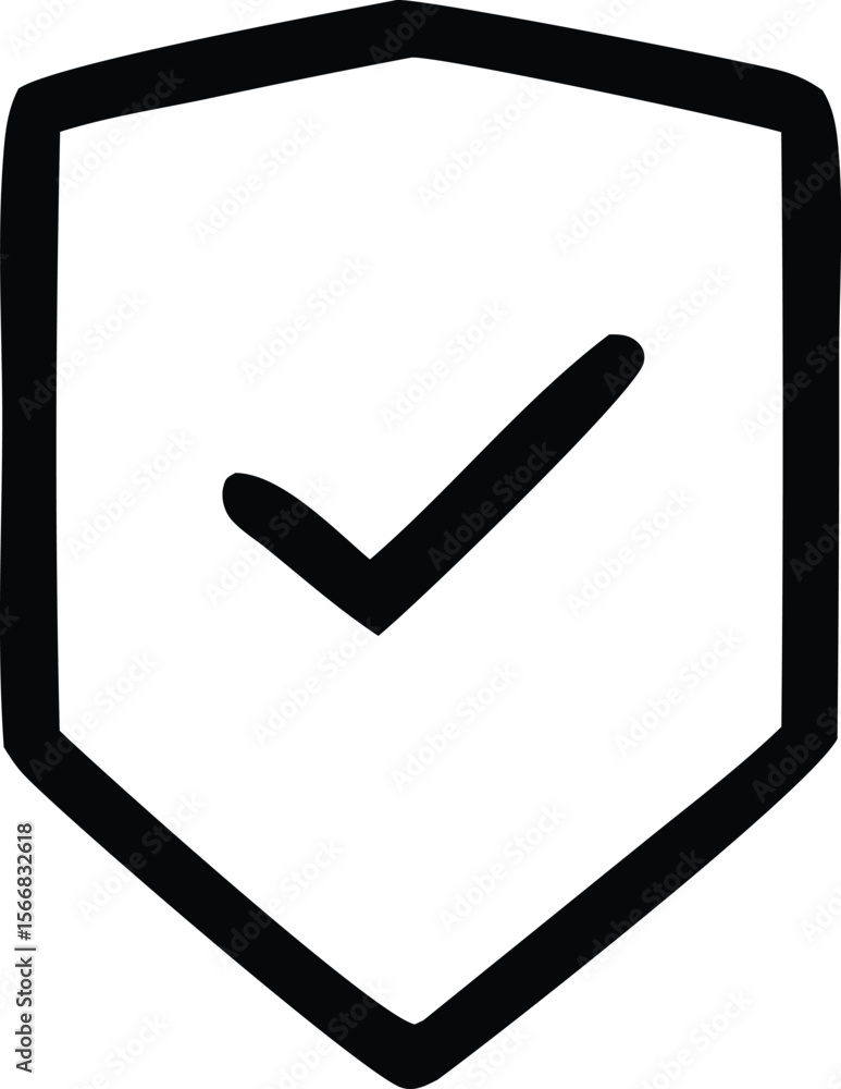 Poster simple hand drawn black shield emblem with a white checkmark inside symbolizing security and approva