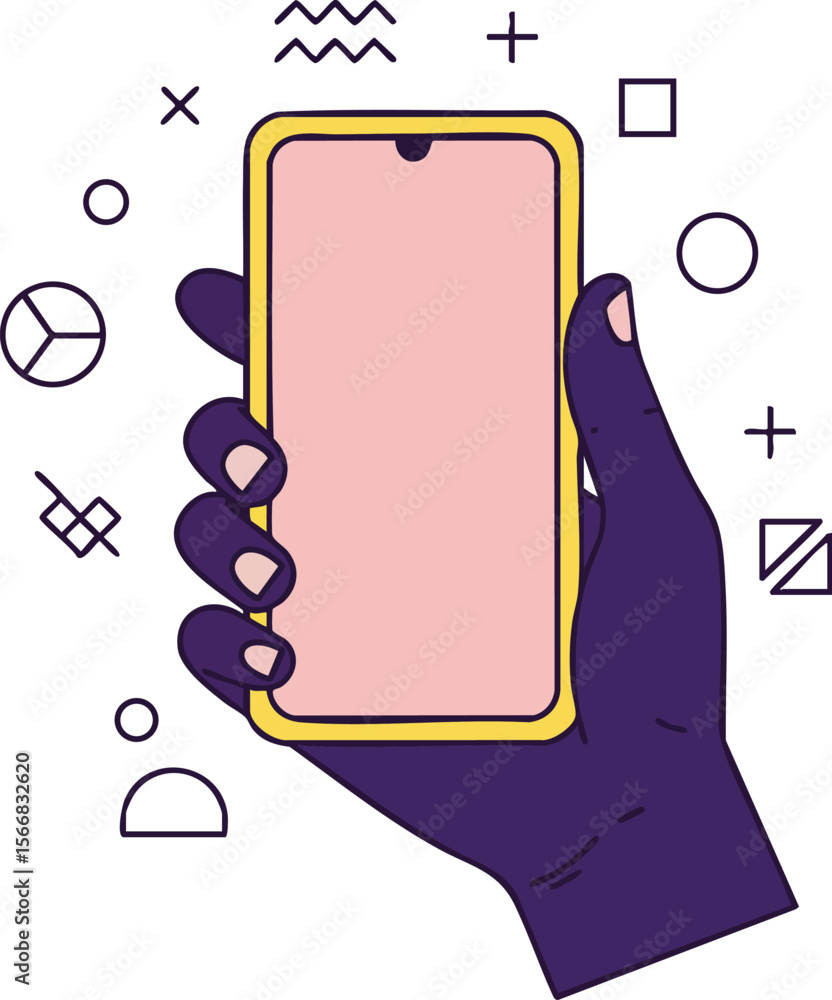 Poster smartphone held by hand with abstract geometric shapes around in modern vector style for technology 