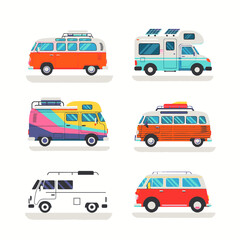 Colorful camper vans and RVs are displayed in a flat vector illustration, showcasing different styles and designs.