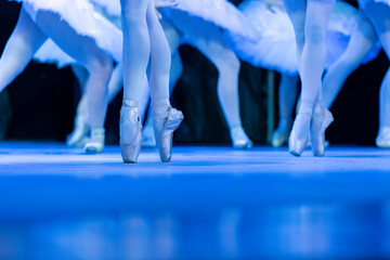 Shot of a group of ballerinas standing in a row with their feet "en pointe" - stock photo