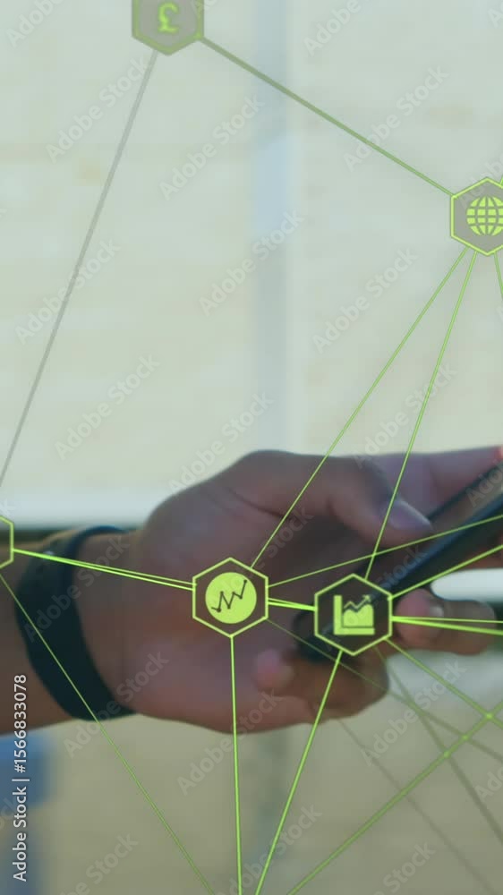 Poster someone walking and using his phone with digital 3d network
