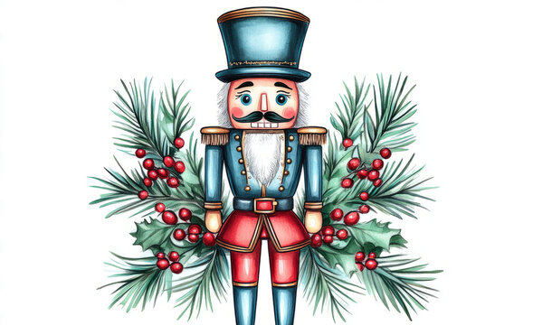 watercolor nutcracker christmas decor with holly berries clip art preview