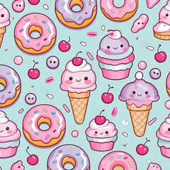Cute cartoon ice cream donuts and cupcakes pattern Pastel pink and purple sweets