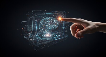 Human Finger Interacting with Holographic Brain Interface on Dark Background