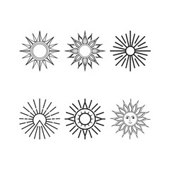 Collection of Six Different Sun Designs in Black and White Outline