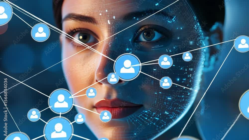 Poster abstract woman face with circuit pattern and user profile icon