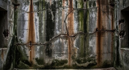 Weathered concrete structure showing cracks and water stains, with moss and rust.