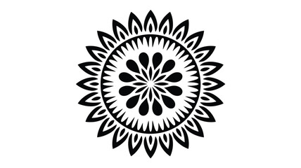 A black and white circular mandala with petal and teardrop shapes in a symmetrical design style