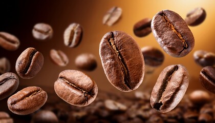 Fototapeta premium coffee beans in mid air close up