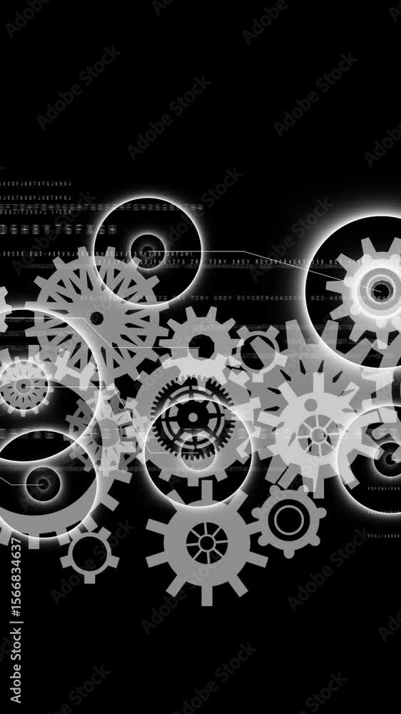 Poster animation of cogs and data processing over black background