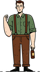 Man with brown suspenders holding bottle casual standing pose vector illustration