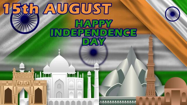 15th august and happy independence day blessings with historical structures of India. independence day blessings animation.