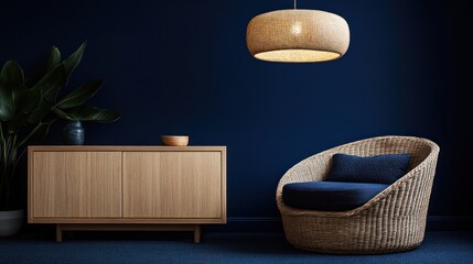 A cozy living room with natural elements.