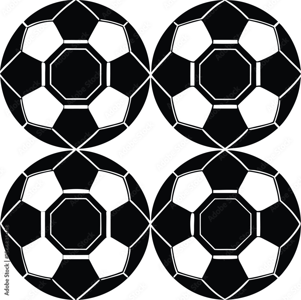 Poster four classic black and white soccer balls arranged in a symmetrical pattern on a white background cr