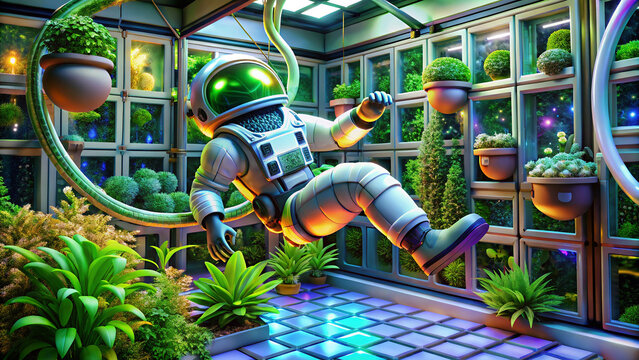 An astronaut floats serenely amidst lush greenery in a futuristic space greenhouse