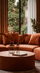 Vertical shot of trendy fall living room with modern furniture, organic textures and views of open space