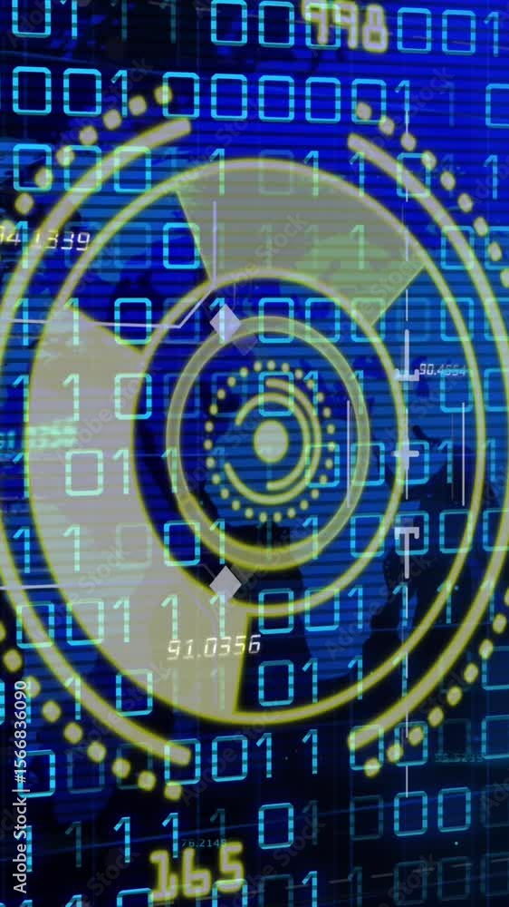 Poster animation of yellow circle with numbers over binary code