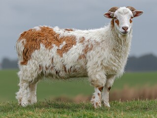 Obraz premium A fluffy, spotted sheep stands alert in a grassy field