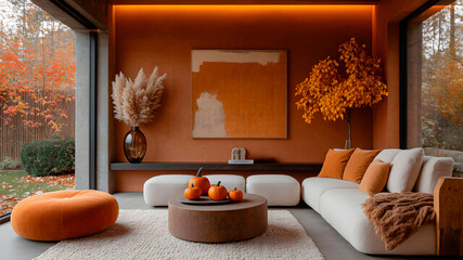 Contemporary lounge with minimalist furnishings and abundant natural light. Copy space