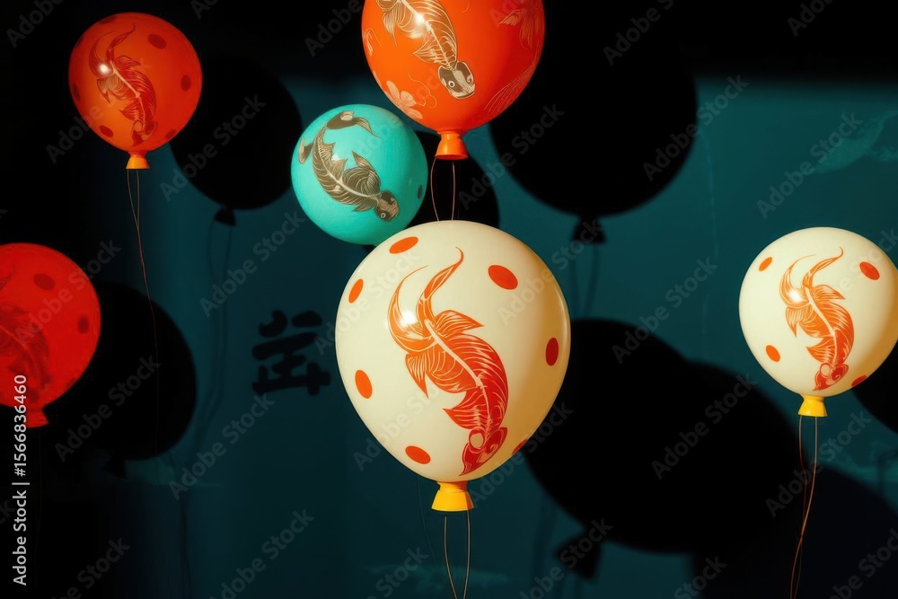 Poster festive balloons with fish motifs float against a shadowed teal background creating a playful atmosp