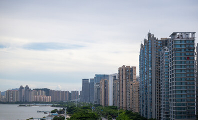 China Xiamen Urban Skyline with Tall Buildings and Riverside Scenery
