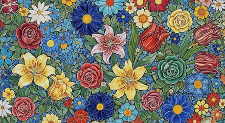 A richly colored and textured artistic illustration of a dense garden filled with a variety of blooming flowers.