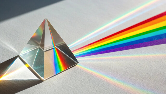 A crystal prism refracting light into a rainbow spectrum on a white surface in bright sunlight