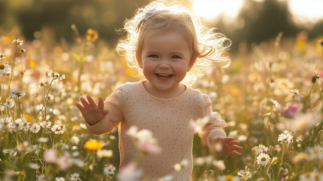 a joyful child running through a field of flowers